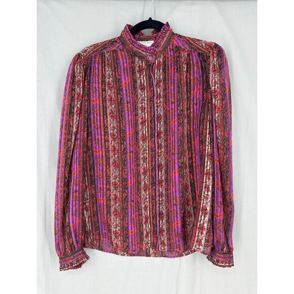 70s Vintage Top Womens Small Pink Paisley Striped Floral Button Chiffon Ruffle - Picture 1 of 6